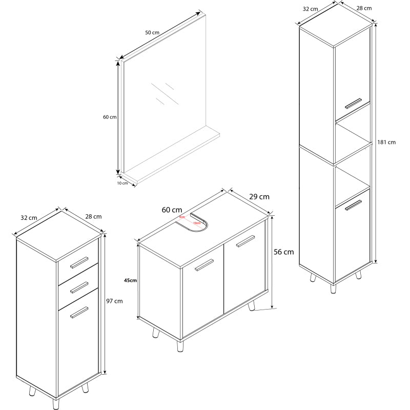 Essenza di Ezooza  Set Bagno Completo 4 Pezzi Mobile Lavabo + Colonna + Pensile e specchio, Bianco/Rovere ,