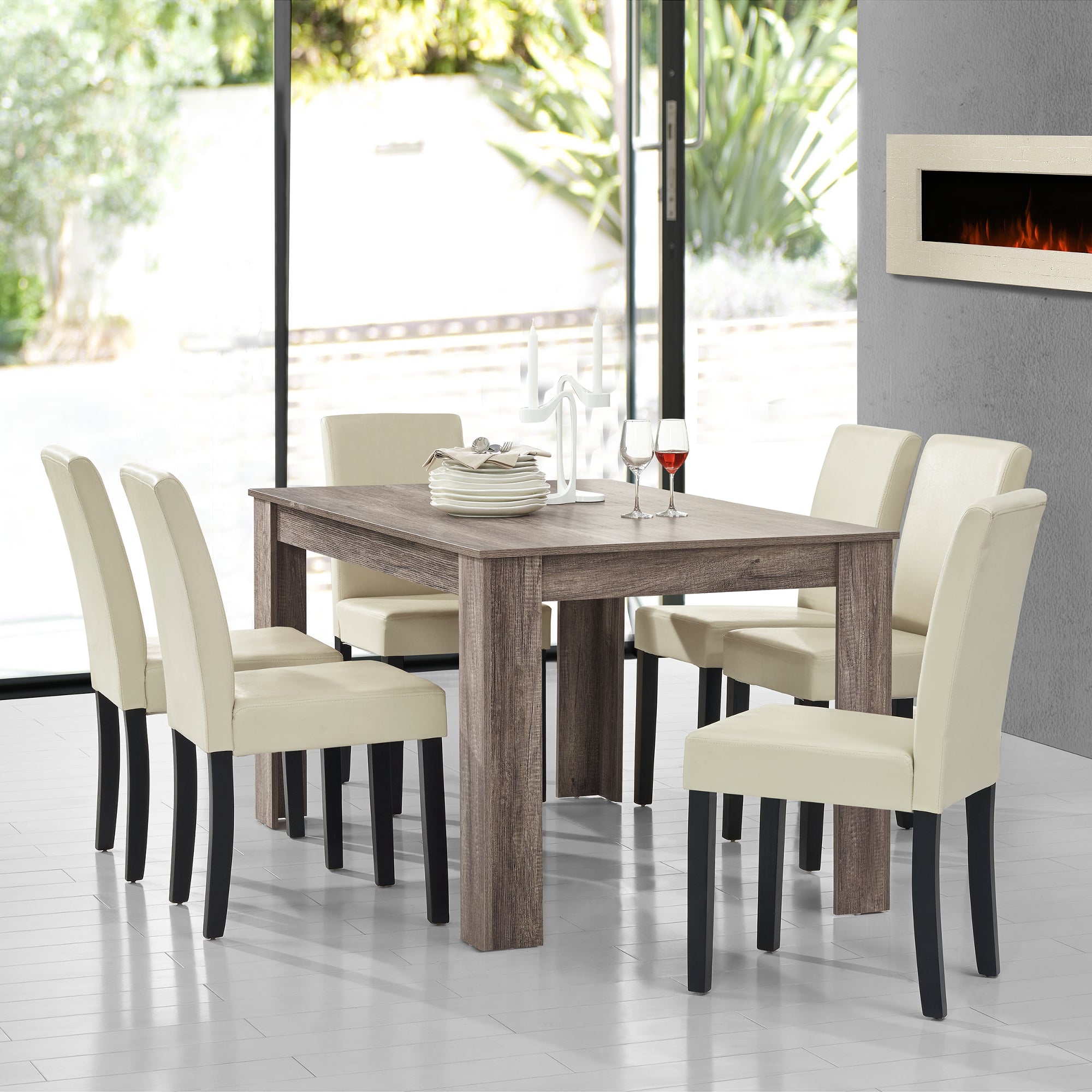 Set Pranzo con Tavolo 140x90 cm e 6 Sedie in Similpelle - Effetto Rovere Antico / color Crema  [en.casa]