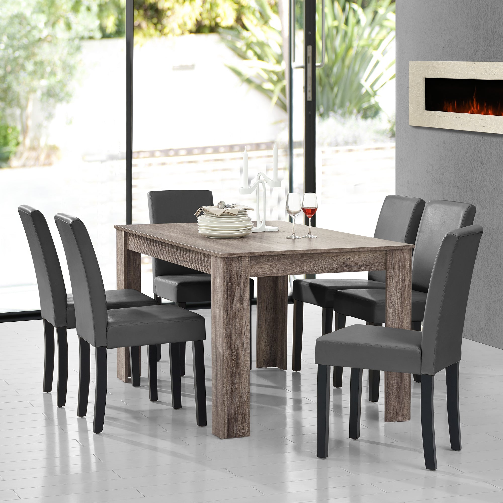 Set Pranzo con Tavolo 140x90 cm e 6 Sedie in Similpelle - Effetto Rovere Antico / Grigio scuro  [en.casa]