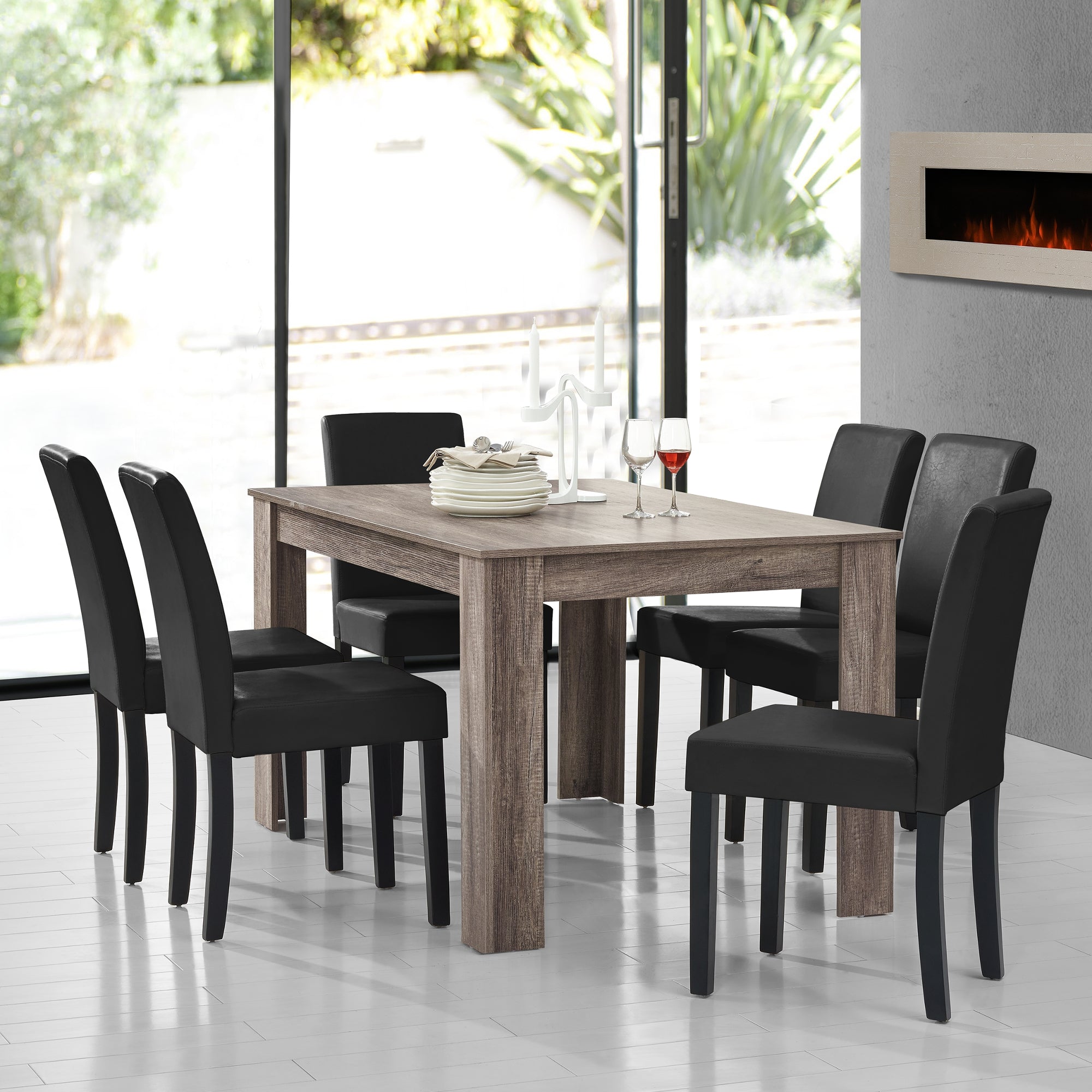 Set Pranzo con Tavolo 140x90 cm e 6 Sedie in Similpelle - Effetto Rovere Antico / Nero  [en.casa]