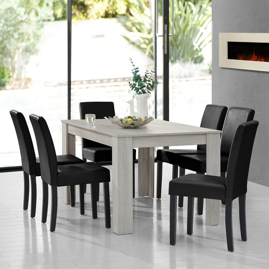 Set Pranzo con Tavolo 140x90 cm e 6 Sedie in Similpelle - Effetto Rovere Bianco / Nero [en.casa]