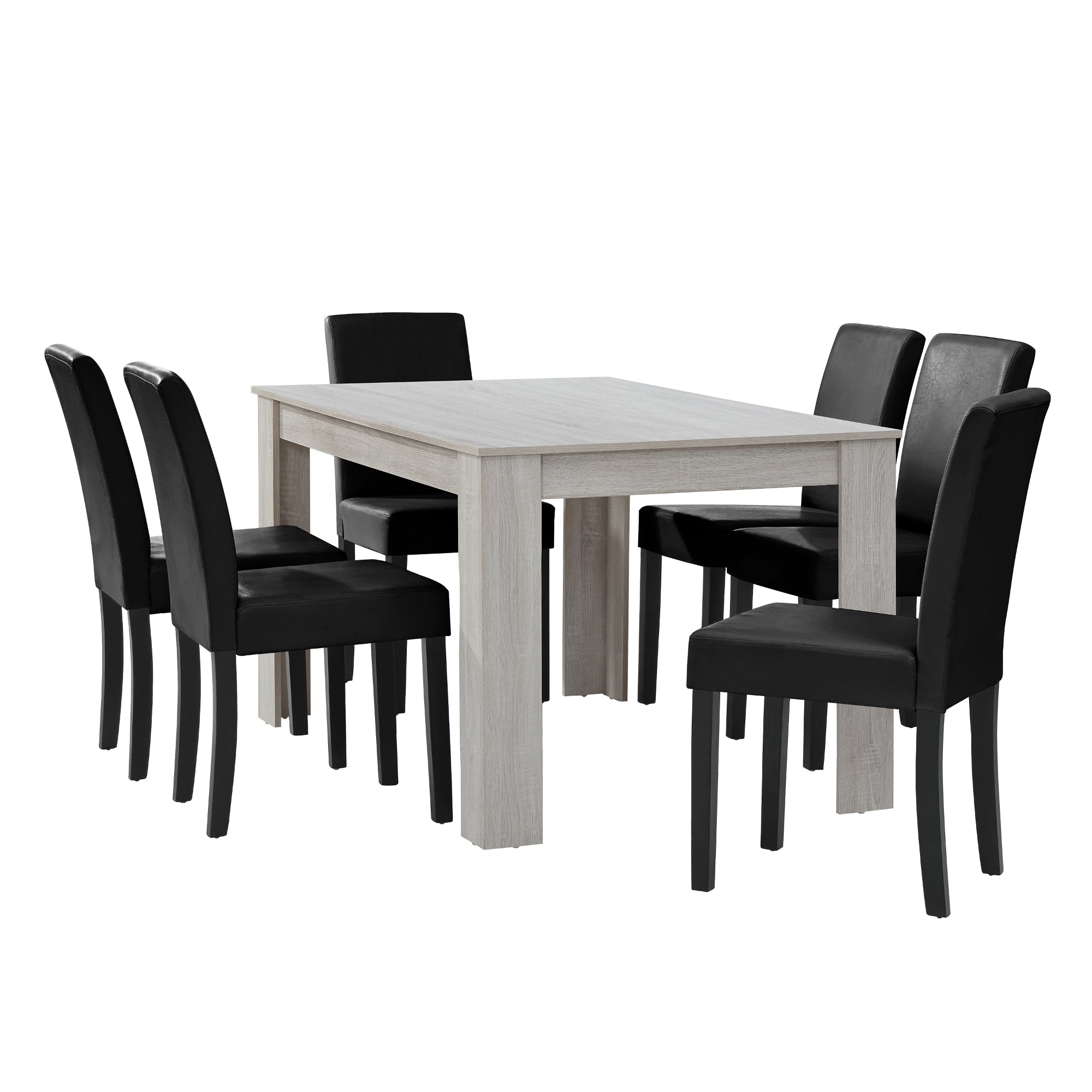 Tavolo da pranzo in rovere bianco con 6 sedie in pelle sintetica nera rivestite 140x90 cm 03_0004042