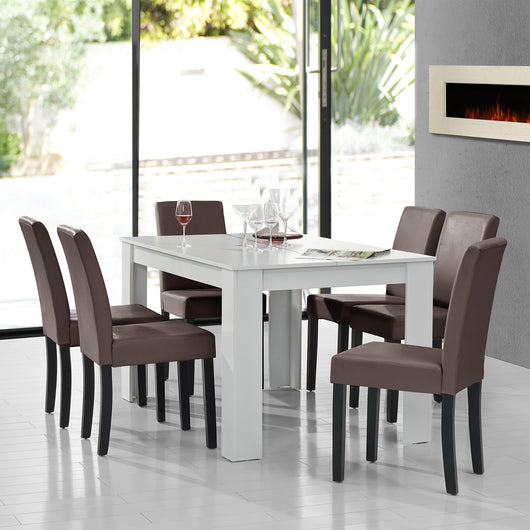 Set Pranzo con Tavolo 140x90 cm e 6 Sedie in Similpelle - Bianco / Marrone [en.casa]
