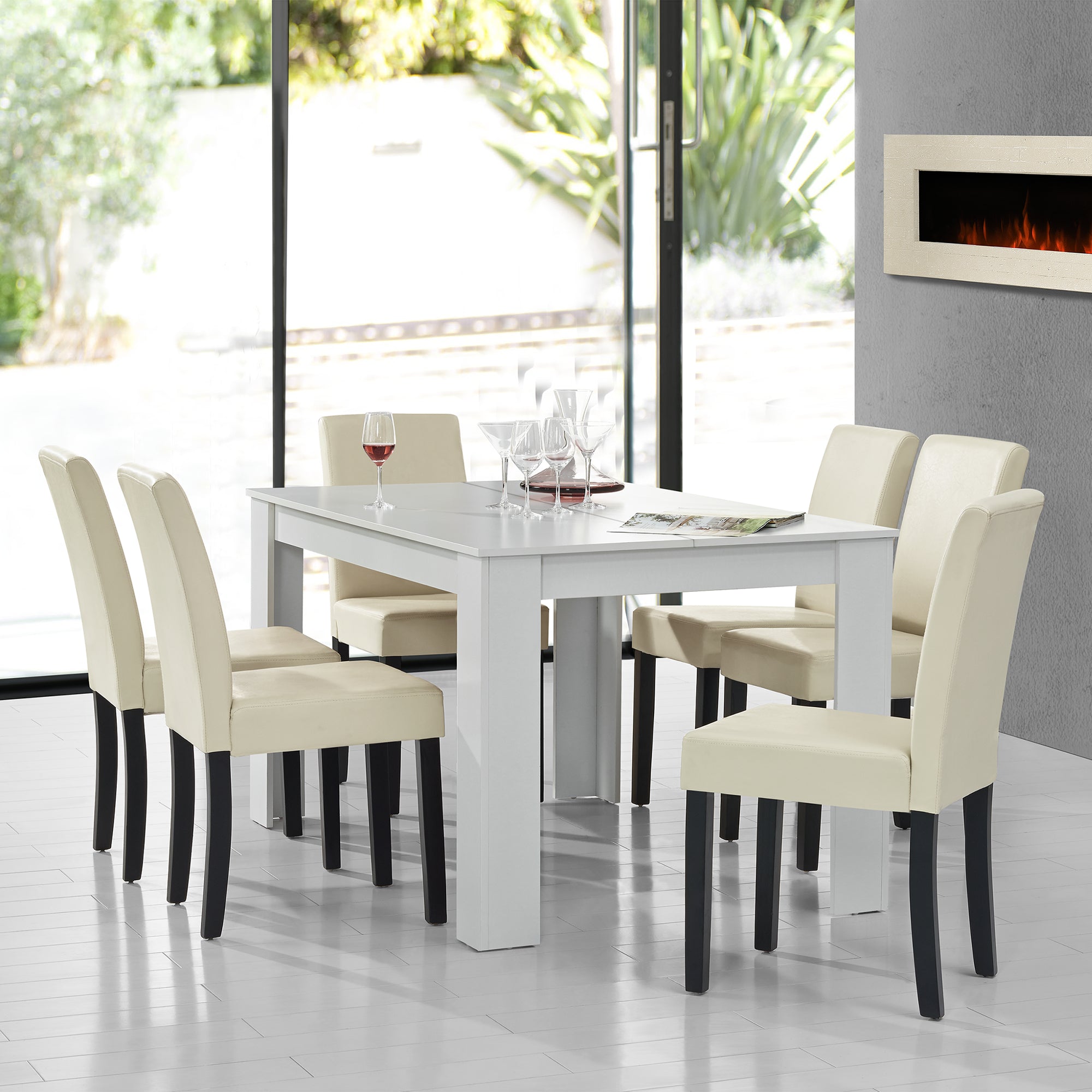 Set Pranzo con Tavolo 140x90 cm e 6 Sedie in Similpelle - Bianco / color Crema [en.casa]