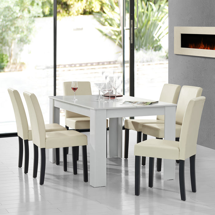 Set Pranzo con Tavolo 140x90 cm e 6 Sedie in Similpelle - Bianco / color Crema [en.casa]
