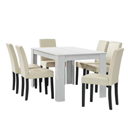 Set Pranzo con Tavolo 140x90 cm e 6 Sedie in Similpelle - Bianco / color Crema [en.casa]
