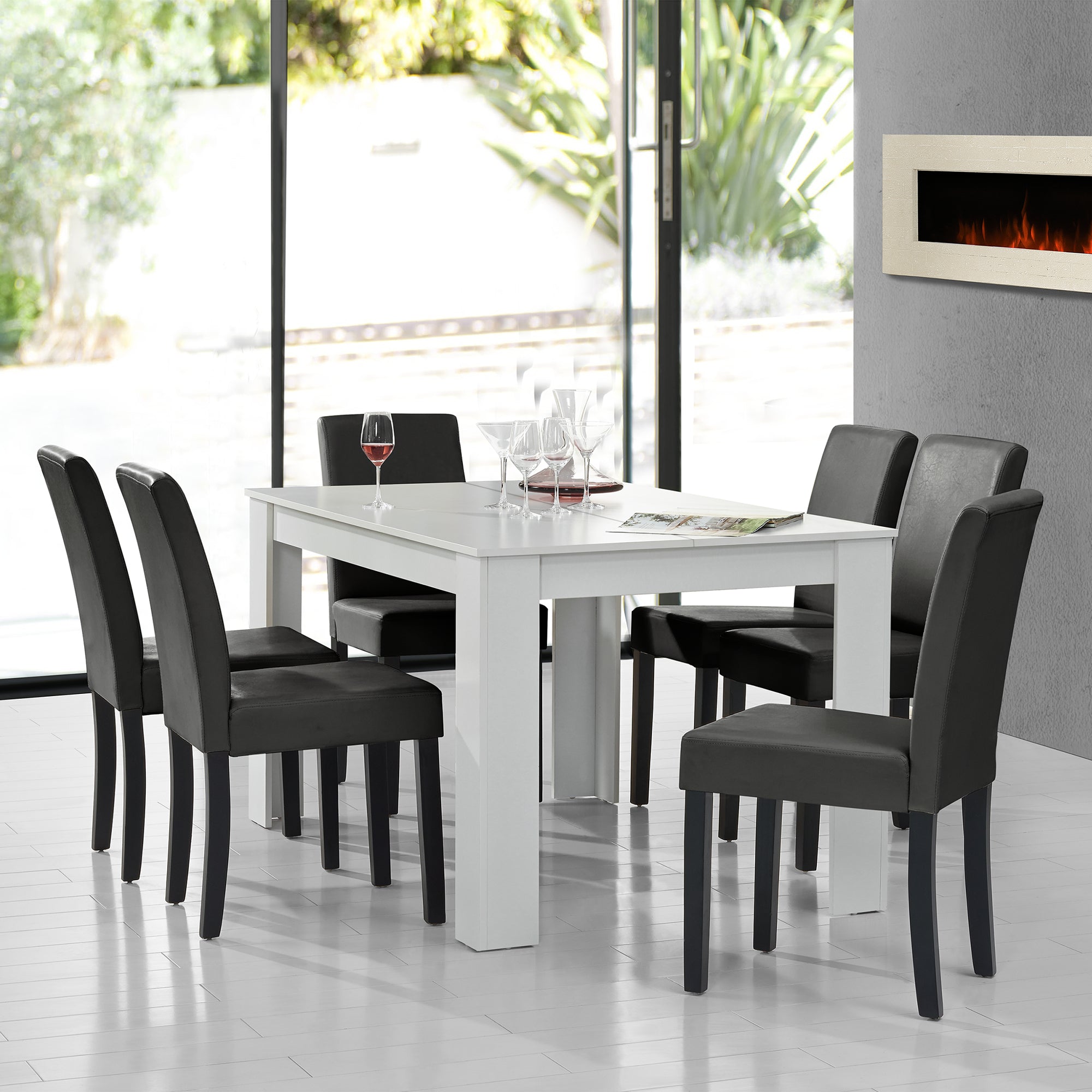 Set Pranzo con Tavolo 140x90 cm e 6 Sedie in Similpelle - Bianco / Grigio scuro [en.casa]
