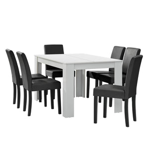 Set Pranzo con Tavolo 140x90 cm e 6 Sedie in Similpelle - Bianco / Grigio scuro [en.casa]