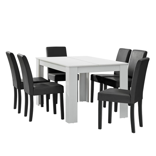 Set Pranzo con Tavolo 140x90 cm e 6 Sedie in Similpelle - Bianco / Grigio scuro [en.casa]