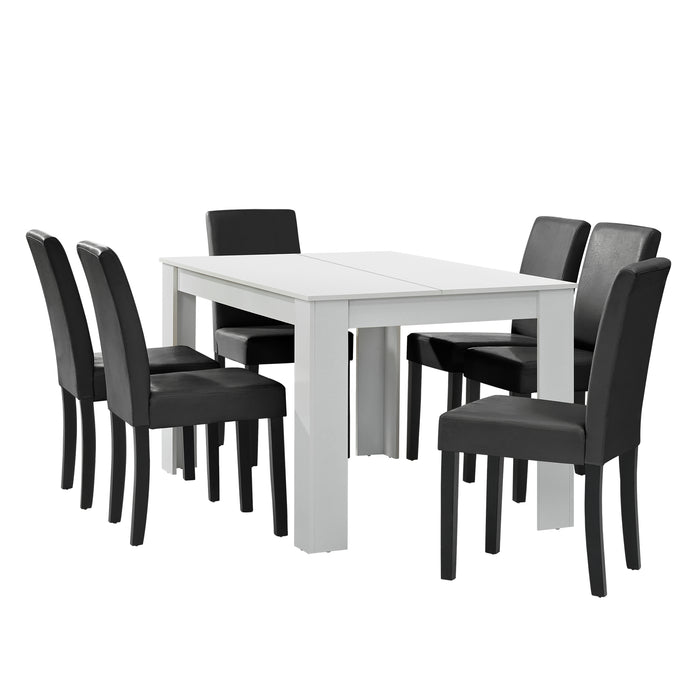 Set Pranzo con Tavolo 140x90 cm e 6 Sedie in Similpelle - Bianco / Grigio scuro [en.casa]