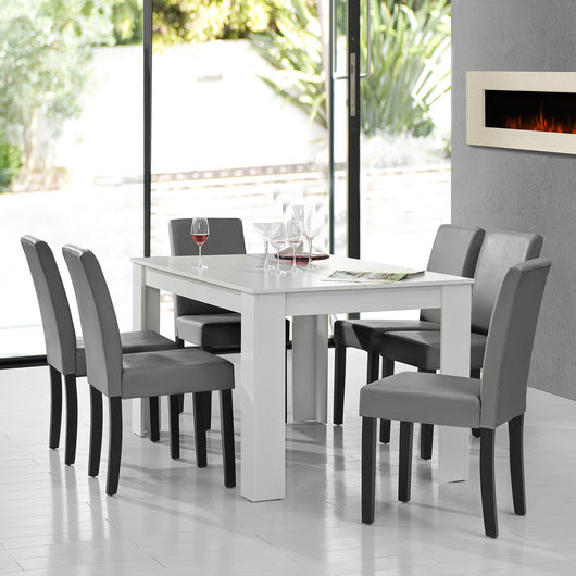 Set Pranzo con Tavolo 140x90 cm e 6 Sedie in Similpelle - Bianco / Grigio chiaro [en.casa]