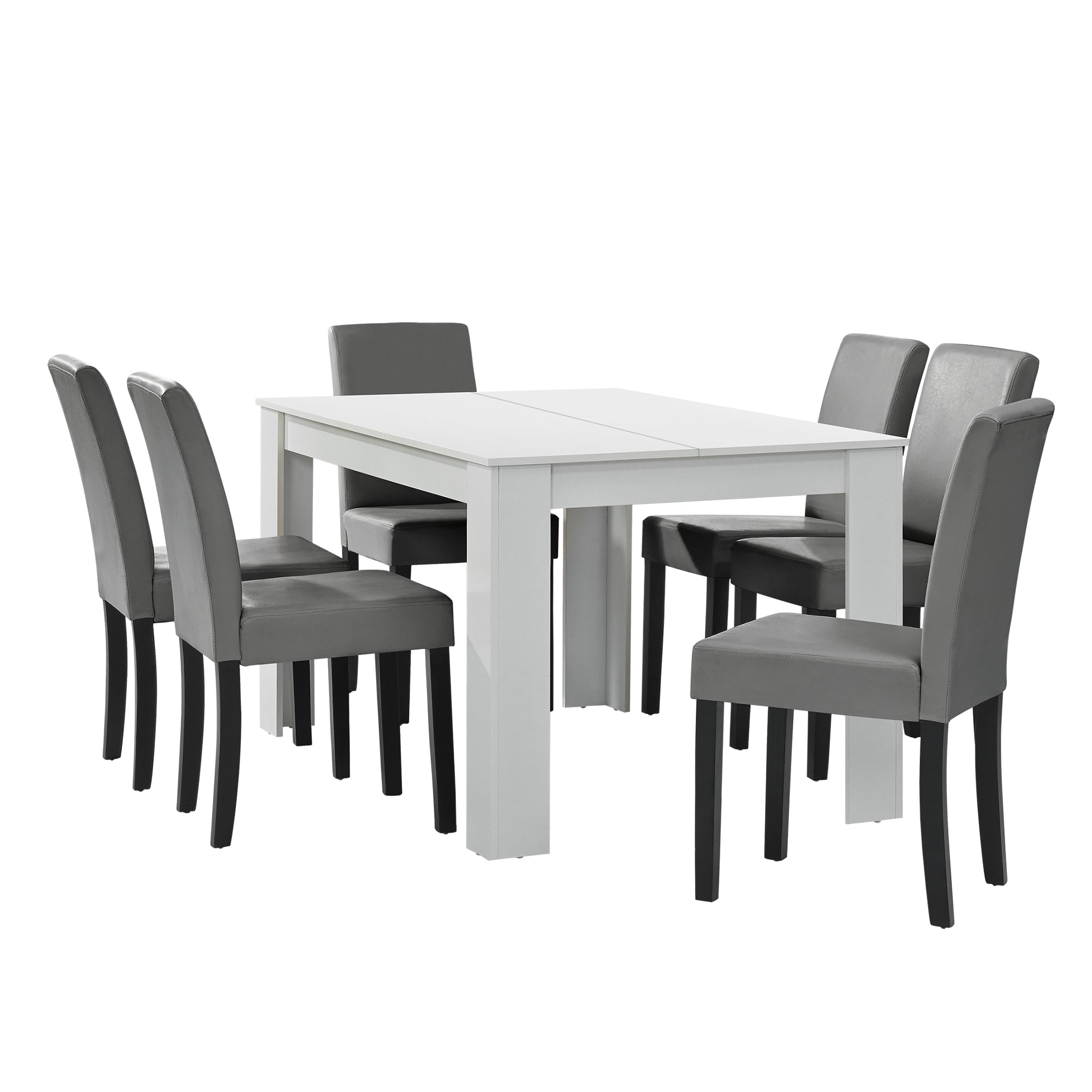Set Pranzo con Tavolo 140x90 cm e 6 Sedie in Similpelle - Bianco / Grigio chiaro [en.casa]