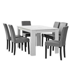 Set Pranzo con Tavolo 140x90 cm e 6 Sedie in Similpelle - Bianco / Grigio chiaro [en.casa]