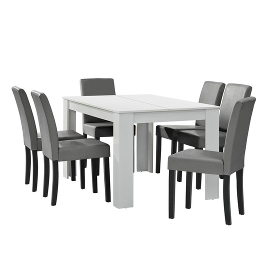 Set Pranzo con Tavolo 140x90 cm e 6 Sedie in Similpelle - Bianco / Grigio chiaro [en.casa]