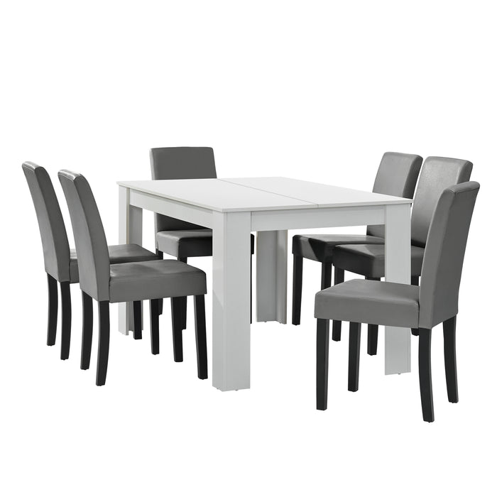 Set Pranzo con Tavolo 140x90 cm e 6 Sedie in Similpelle - Bianco / Grigio chiaro [en.casa]