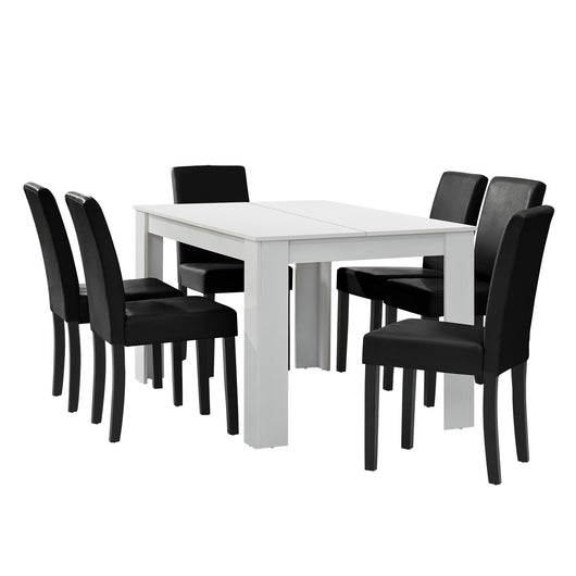 Set Pranzo con Tavolo 140x90 cm e 6 Sedie in Similpelle - Bianco / Nero [en.casa]