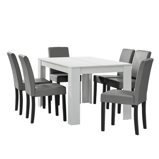 Tavolo soggiorno pranzo con 6 sedie imbottite 140 cm bianco grigio 03_0004021