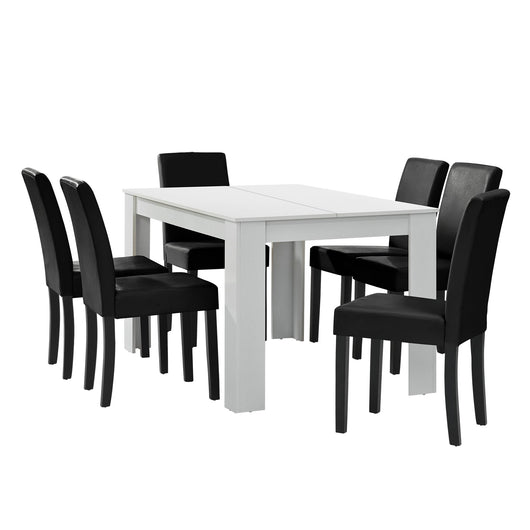Tavolo da pranzo bianco opaco con 6 sedie nere imbottite in pelle sintetica 140x90 cm 03_0004024