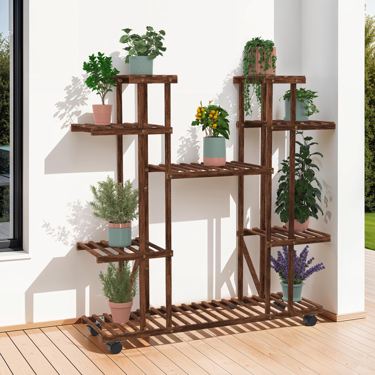 IDMarket - Estante para macetas de madera con ruedas - soporte para plantas