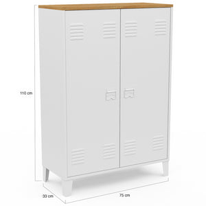 IDMarket - ESTER Armario de 2 puertas de metal blanco con encimera de madera de diseño industrial