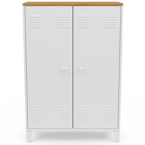 IDMarket - ESTER Armario de 2 puertas de metal blanco con encimera de madera de diseño industrial