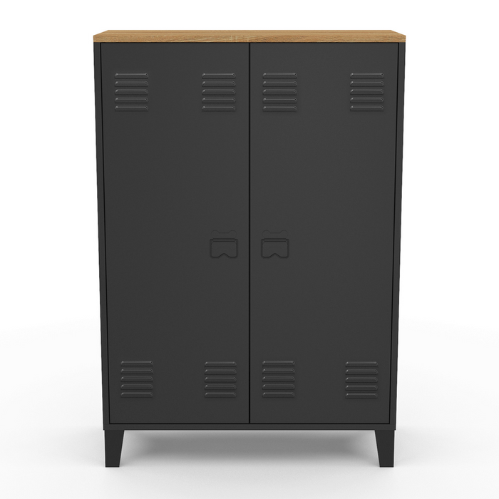 IDMarket - ESTER Armario de 2 puertas de metal negro con tapa de madera de diseño industrial