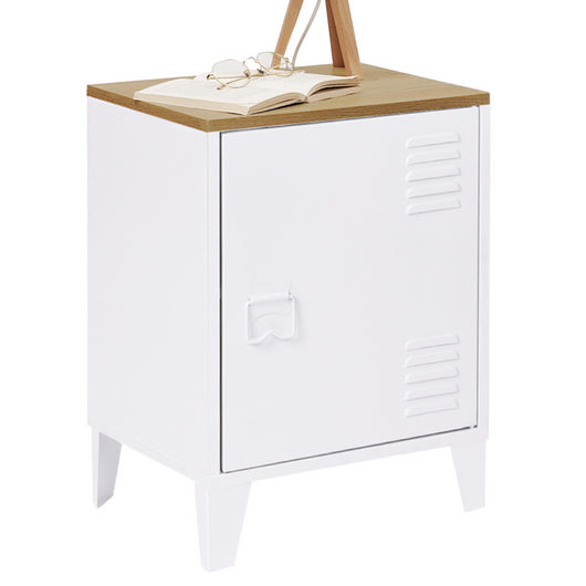 IDMarket - ESTER Mesilla de noche de 1 puerta de metal con tapa de haya de estilo industrial