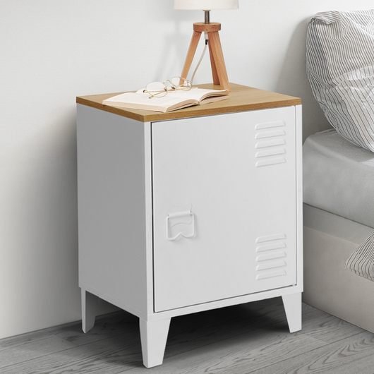 IDMarket - ESTER Mesilla de noche de 1 puerta de metal con tapa de haya de estilo industrial