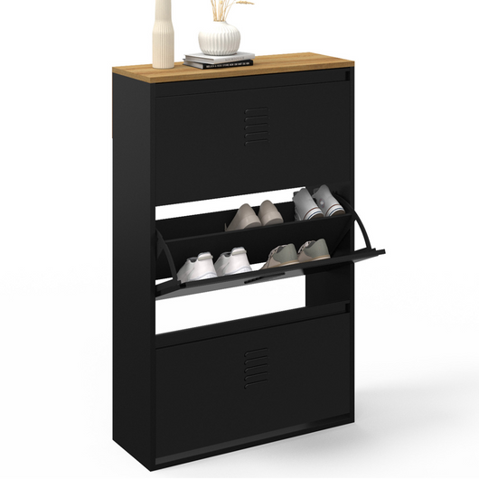 IDMarket - ESTER Zapatero de 3 puertas y 18 pares de metal negro con tapa de madera de diseño industrial