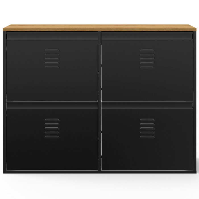 IDMarket - ESTER zapatero de metal negro de 4 puertas para 20 pares con tapa de madera de diseño industrial