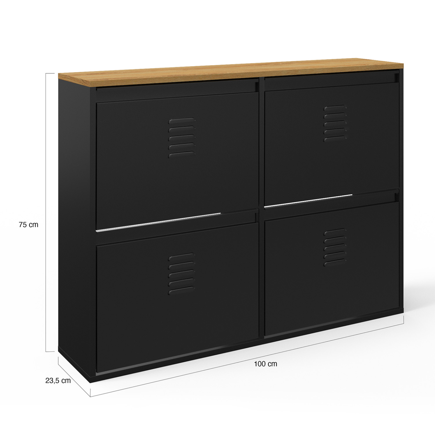 IDMarket - ESTER zapatero de metal negro de 4 puertas para 20 pares con tapa de madera de diseño industrial