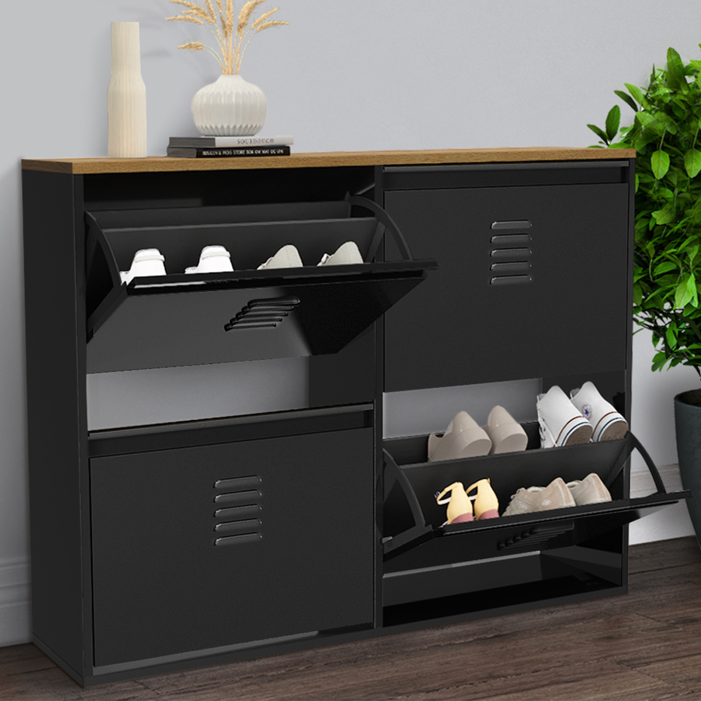 IDMarket - ESTER zapatero de metal negro de 4 puertas para 20 pares con tapa de madera de diseño industrial