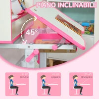 Banco Scuola per Bambini 6-12 Anni Regolabile con Luce LED, Leggio e Portapenne, in MDF, PP e Acciaio, Rosa