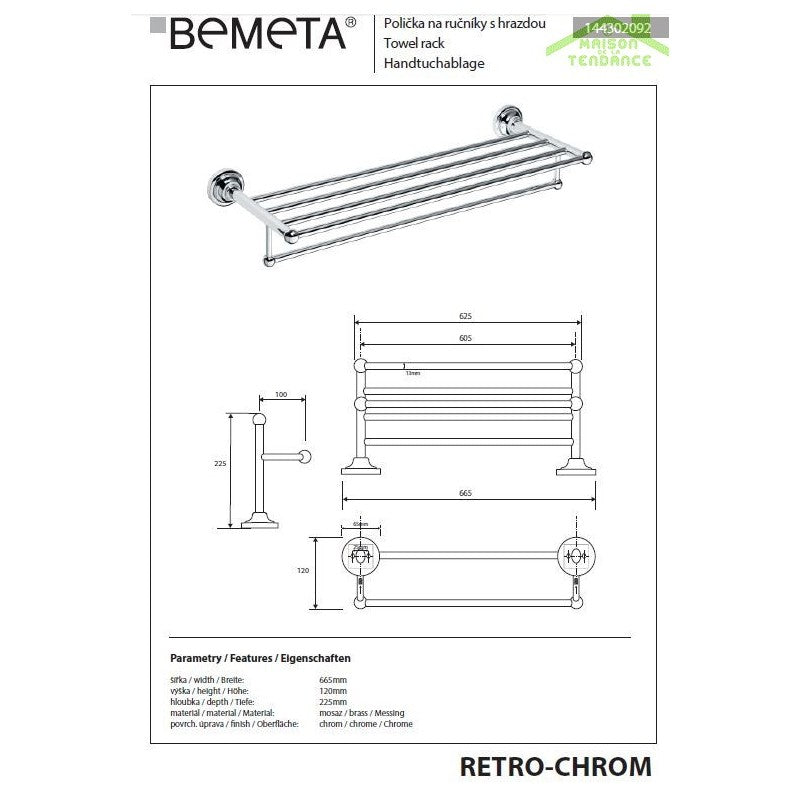 Portasciugamani con ripiano RETRO in ottone cromato 66,5x12x22,5 cm