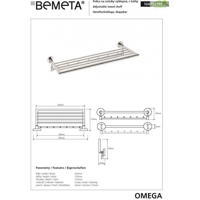Mensola, mensola porta asciugamani OMEGA ottone cromato 65,5x10,5x27cm