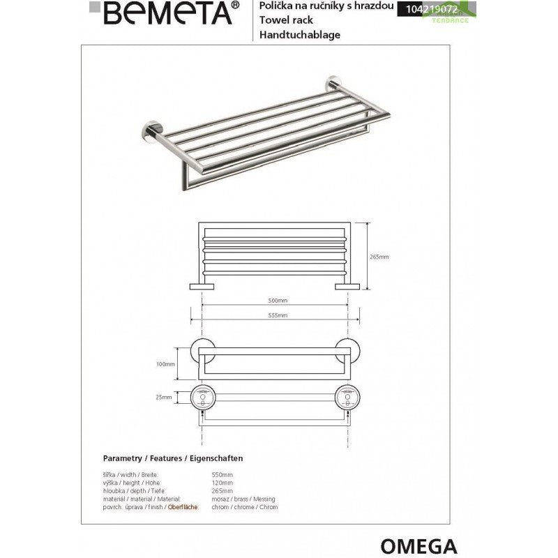 Mensola, mensola con portasciugamani OMEGA ottone cromato 55x12x26,5cm