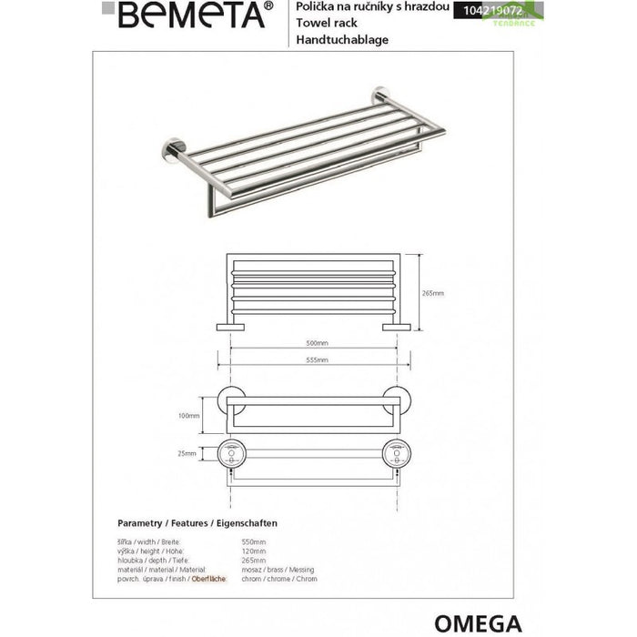 Mensola, mensola con portasciugamani OMEGA ottone cromato 55x12x26,5cm