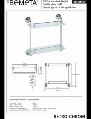 Mensola doccia doppia a parete in vetro RETRO 40x42x12 cm