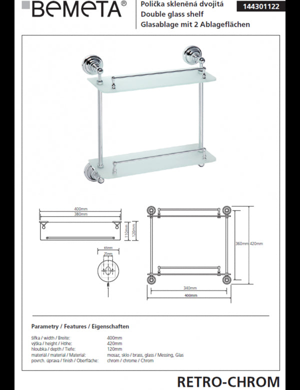 Mensola doccia doppia a parete in vetro RETRO 40x42x12 cm