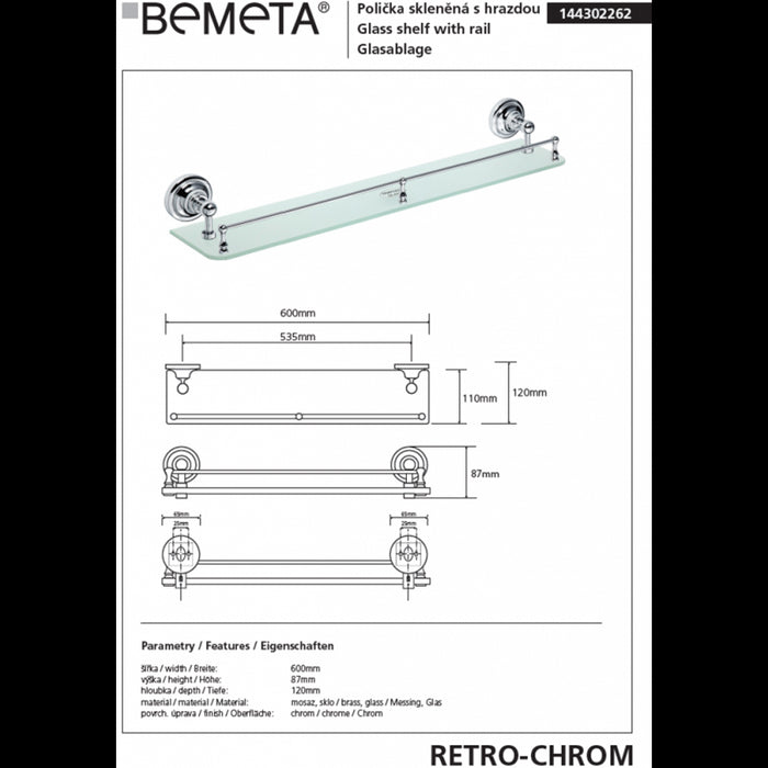 Mensola doccia a parete con vetro RETRO e saliscendi in ottone cromato 60x9x12 cm