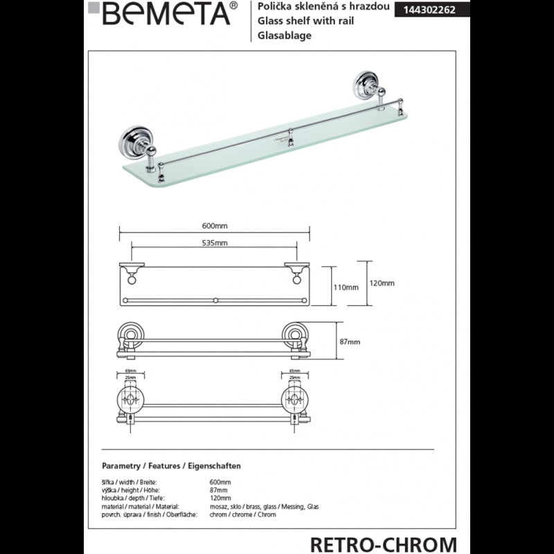 Mensola doccia a parete con vetro RETRO e saliscendi in ottone cromato 60x9x12 cm