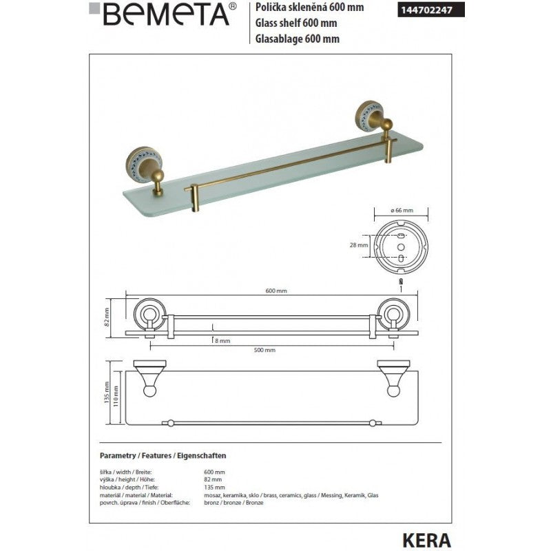 Mensola doccia a parete KERA in ottone e ceramica 60 x13,5x11 cm