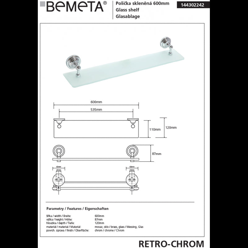Mensola doccia a parete RETRO in vetro e ottone cromato 60x8,7x12 cm