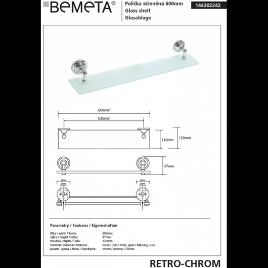 Mensola doccia a parete RETRO in vetro e ottone cromato 60x8,7x12 cm