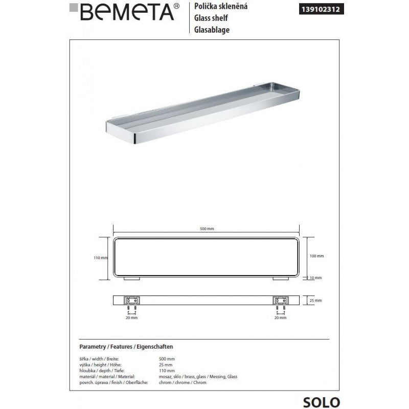 Mensola doccia a parete SOLO in vetro e cromo 50 x2,5 x11 cm