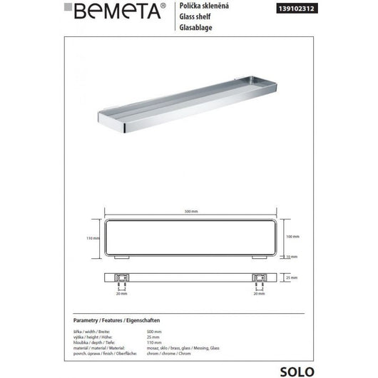 Mensola doccia a parete SOLO in vetro e cromo 50 x2,5 x11 cm