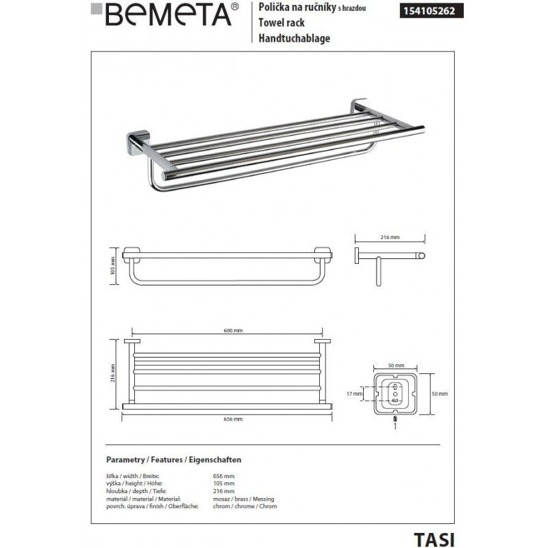 Mensola doccia TASI con ottone cromato 65,6 x10,5 x21,6 cm