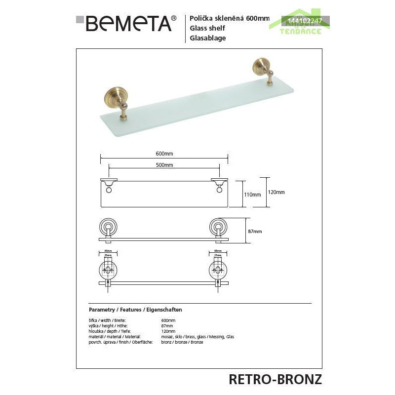 Mensola doccia RETRO in vetro e ottone 60x8,7x12 cm