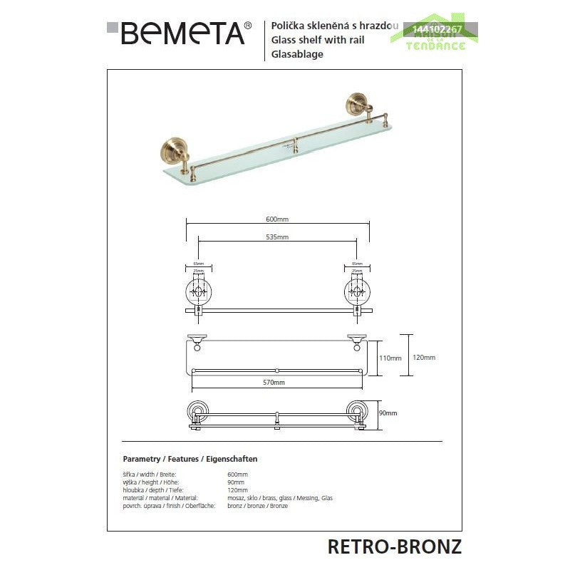 Mensola doccia RETRO in vetro e ottone 60x9x12 cm