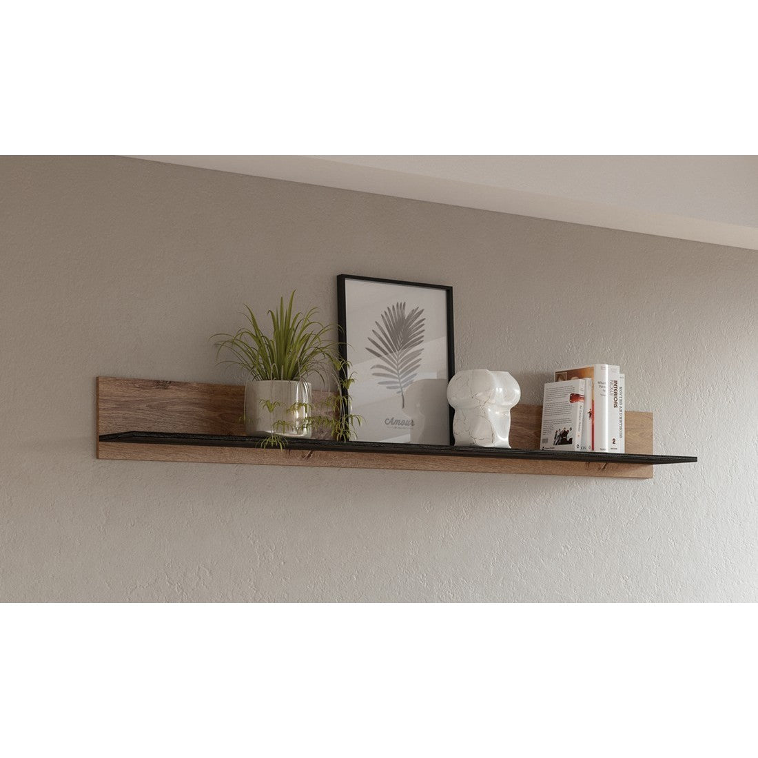 Scaffale da parete colore rovere e nero effetto legno. Collezione SANTIAGO.